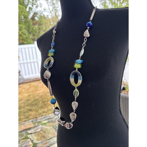 Chicos Blue Green Faux Glass SIlver Tone 18" Long Statement Necklace NEW - Picture 3 of 16
